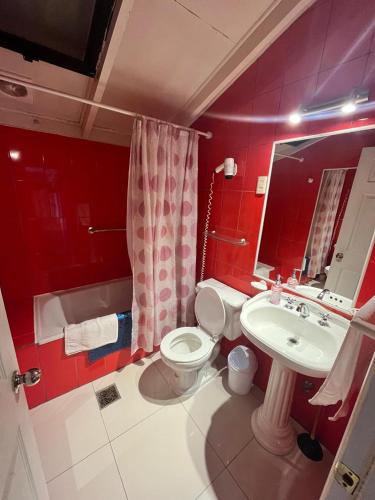 a red bathroom with a toilet and a sink at Cabañas Español Coyhaique in Coihaique