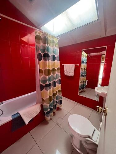 a red bathroom with a toilet and a sink at Cabañas Español Coyhaique in Coihaique