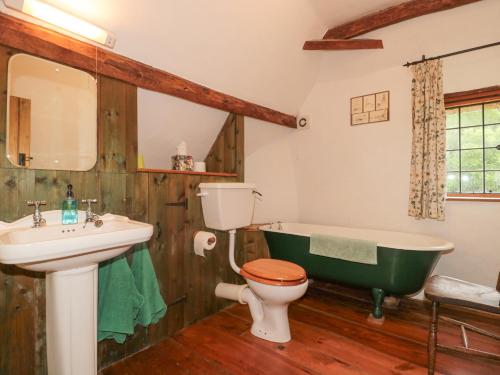 Bicknoller的住宿－The Dairy，浴室配有盥洗池、卫生间和浴缸。