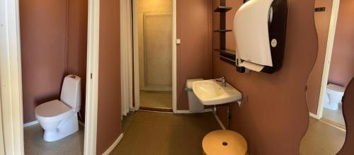 a small bathroom with a toilet and a sink at Oppmyre Camping in Myre