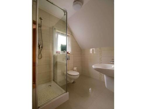 Un baño con ducha, inodoro y lavabo. en Claudia Comfortable holiday residence, en Łukęcin