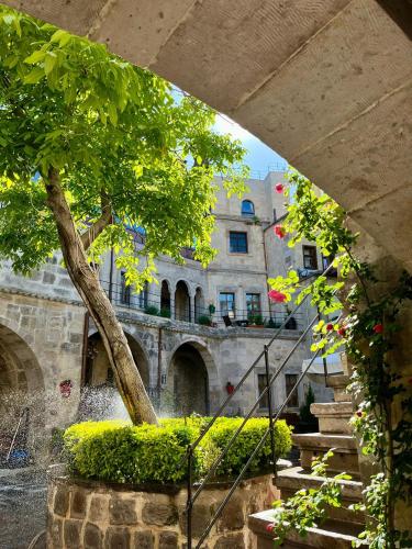 a view of a building with a tree and stairs at Century Cave Hotel in Goreme