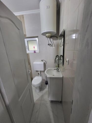 a small bathroom with a toilet and a sink at Vila Barcelona Curug in Čurug