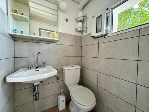 a bathroom with a toilet and a sink and a window at Armonia Apartment Spartia in Spartia