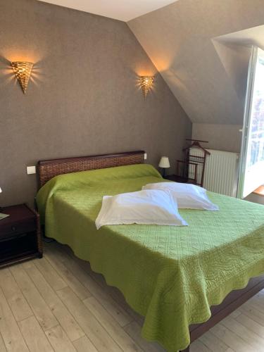 a bedroom with a green bed with two pillows at LES CHAMBRES D HOTES DU LAVOIR in Restigné