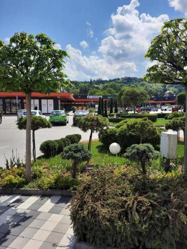 a park with trees and bushes in a parking lot at Banjac Apartman in Trnava