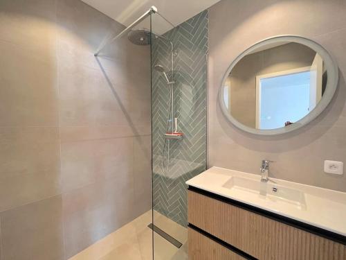 une salle de bain avec une douche, un lavabo et un miroir dans l'établissement JOLI STUDIO - Studio neuf terrasse Clim WI-FI 2 min. des plages, à Antibes