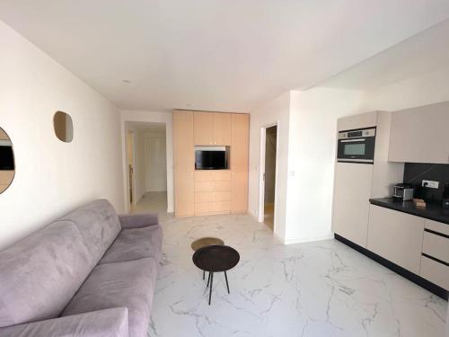 un salon avec un canapé et une table dans l'établissement JOLI STUDIO - Studio neuf terrasse Clim WI-FI 2 min. des plages, à Antibes