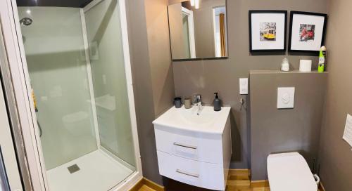 een badkamer met een douche, een wastafel en een toilet bij Domaine La Reveille in Dore-lʼÉglise