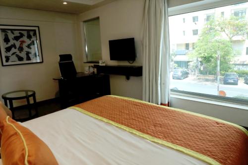 齋浦爾的住宿－齋浦爾巴尼公園公園區酒店，一间卧室设有一张床和一个带电视的窗户。