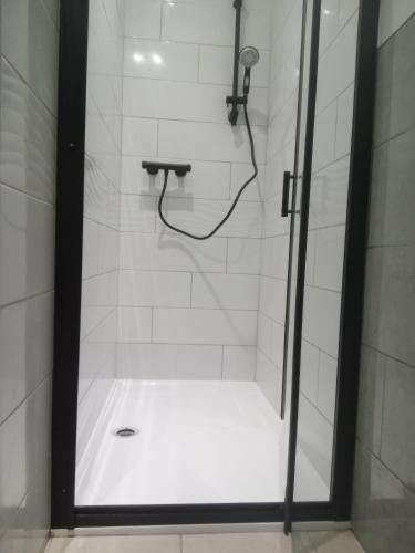 une douche avec une porte vitrée dans une salle de bain dans l'établissement COUCOU, à La Forge