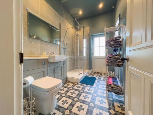 a bathroom with a toilet and a sink and a shower at High House Cottage Southwaite in Southwaite