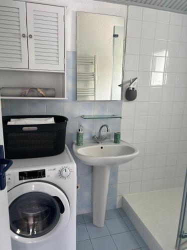 une salle de bain avec une machine à laver et un lavabo dans l'établissement Charmante Maison La Tranche sur Mer 100 m de la plage, à La Tranche-sur-Mer