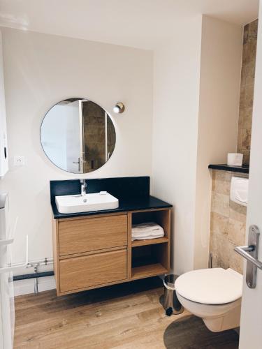 une salle de bain avec un lavabo et des toilettes dans l'établissement Le Régis, à Laguiole