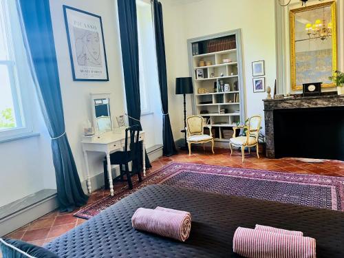 a living room with a fireplace and a desk at Le Domaine de Villespy in Villespy