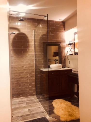 a bathroom with a glass shower with a sink at La Guimiette Maison a 40m de Paris in Saint-Arnoult-en-Yvelines