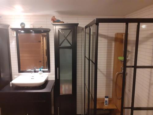 a bathroom with a sink and a mirror at Paradis in Nord-Lenangen