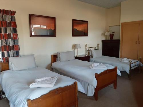 ein Hotelzimmer mit 2 Betten und Handtüchern darauf in der Unterkunft Goibib Mountain Lodge in Grünau