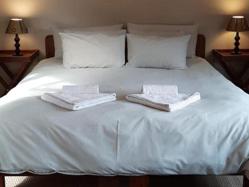 a white bed with two towels on top of it at Goibib Mountain Lodge in Grünau
