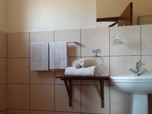 uma casa de banho com um lavatório e toalhas numa prateleira em Goibib Mountain Lodge em Grünau