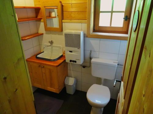 a small bathroom with a toilet and a sink at Bergquellenhütte in Assling