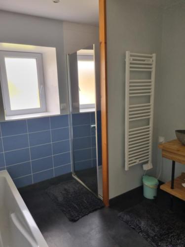 ein Bad mit einer Dusche und einem Spiegel in der Unterkunft Au calme et détente in Belleville-sur-Vie