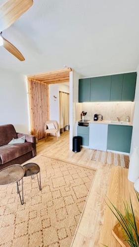 un salon avec un canapé et une table dans l'établissement Studio Bord de lac avec terrasse classé 2 étoiles, à Aix-les-Bains