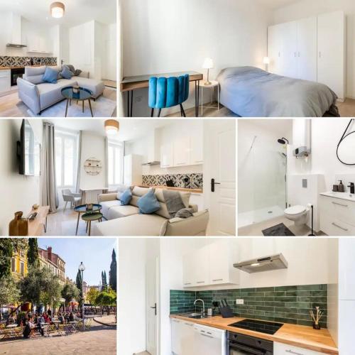un collage de photos d'une chambre et d'un salon dans l'établissement Cozy 1BR in the heart of Cours Julien | By Airnest, à Marseille