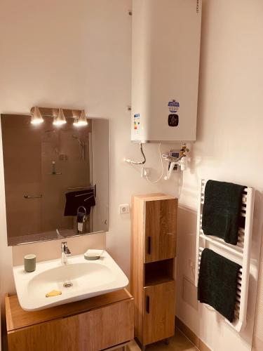 une salle de bain avec un lavabo et un miroir dans l'établissement Domaine des bastidons, à Mas blanc des Alpilles