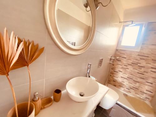a bathroom with a sink and a mirror at Las plantas-studios-apartments-Corfu in Dassia