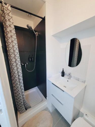 une salle de bain avec une douche, un lavabo et un miroir dans l'établissement Studio hypercentre proche Vieux Marché, à La Rochelle