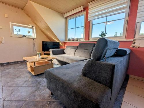 - un salon avec un canapé et une télévision dans l'établissement Apartment Am Horstberg, à Wernigerode