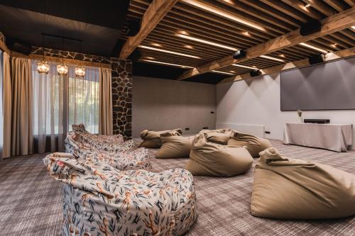 a room with a couch and a projection screen at BIO HOTEL & WELLNESS Zlatý Hýľ 