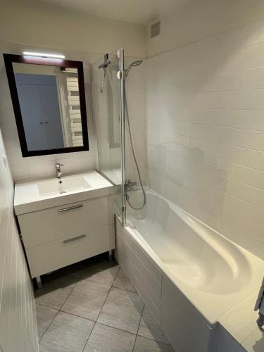 une salle de bain avec un lavabo, une baignoire et un miroir dans l'établissement Joli Appartement, à Puteaux