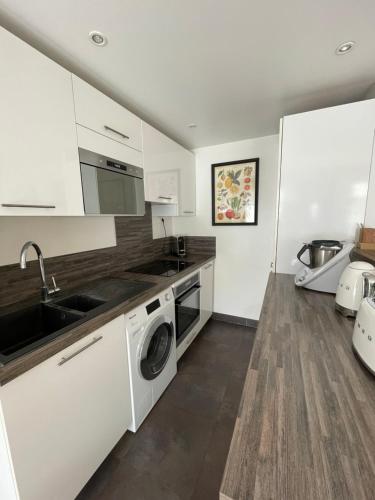 une cuisine avec un évier et une machine à laver dans l'établissement Joli Appartement, à Puteaux