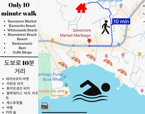 a map showing the approximate location of the marina walk at ISLA VILLA 1 amazing waterfall pool house near beach, bars & restaurants in Mactan