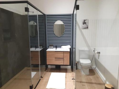 a bathroom with a toilet and a sink at Walkerbay Dunes Lodge in Stanford
