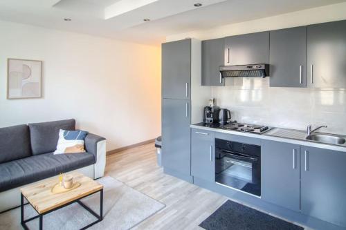 un salon avec un canapé et une cuisine dans l'établissement Charmant T2 à deux pas de la célèbre place Stanislas, à Nancy