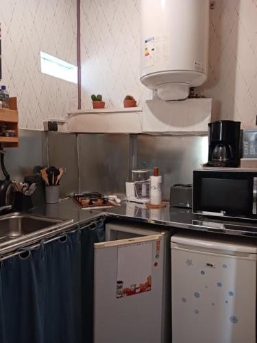une cuisine avec un comptoir avec un micro-ondes dans l'établissement Studio indépendant avec terrasse, à Montalieu-Vercieu