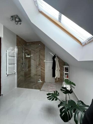 a bathroom with a walk in shower and a glass shower at Zielony Gaj in Gaj