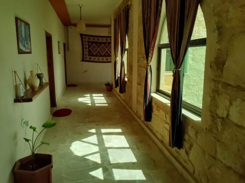 瓦迪穆薩的住宿－Petra fort hotel，一条空的走廊,有窗户和盆栽植物