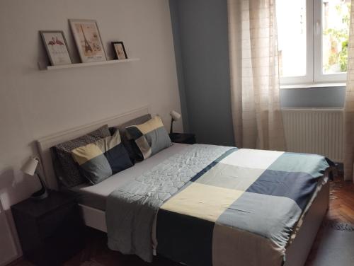 a bedroom with a large bed with pillows and a window at Apartmani Biljana Lazić in Vrnjačka Banja