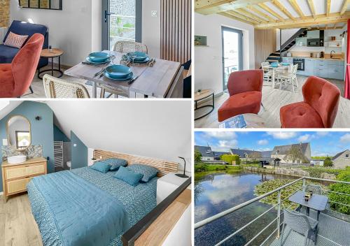 un collage de photos d'une chambre et d'un salon dans l'établissement Escapade Bucolique à Bayeux, à Cussy