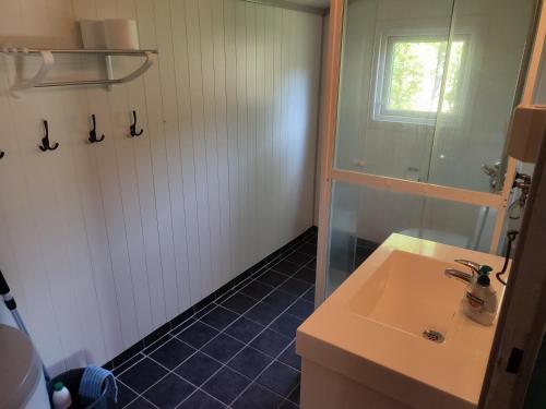 uma casa de banho com um lavatório e um espelho em Haugheim Two-Bedroom Cottage em Birkeland