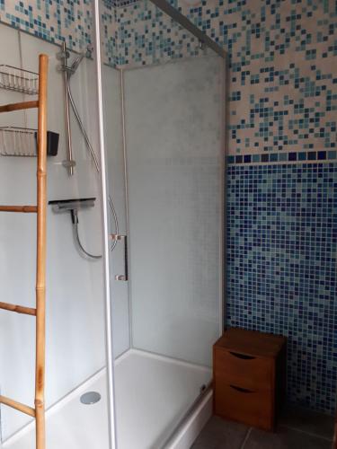 une douche avec une porte vitrée dans une salle de bain dans l'établissement Maison avec patio centre ville quartier calme, à Arbois