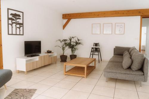 uma sala de estar com um sofá e uma televisão em Hôtel Les Fougères em Hossegor