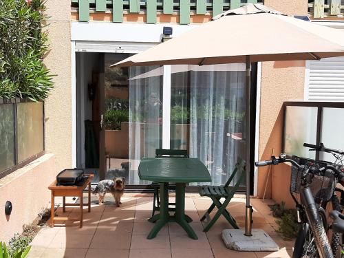 une table et un parasol sur une terrasse avec un chien dans l'établissement Les Pieds dans l'Eau, au Barcarès