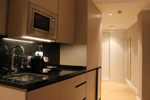 a kitchen with a sink and a microwave at BiBo Suites Palacio de Portago in Granada