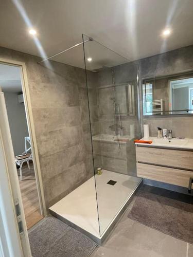 une salle de bain avec douche et lavabo dans l'établissement Maison de ville avec terrasse., à Marseillan