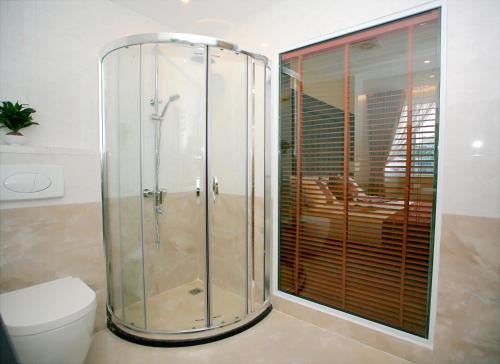 y baño con ducha, aseo y ventana. en Ha Long Park Hotel, en Ha Long